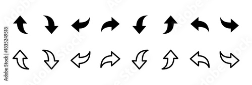 Curved arrow icon. Smooth directional vector showing turn and movement sign. Useful pointer symbol for navigation, interface actions, route guidance and design concept pictogram.