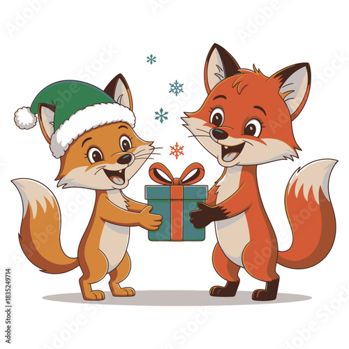 Two adorable cartoon foxes sharing a festive gift box.