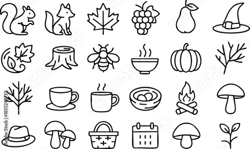 Monoline autumn icon set close-up top-down grid showing twenty five black outline seasonal symbols squirrel fox maple leaf pumpkin soup cup mushroom picnic basket stump bee