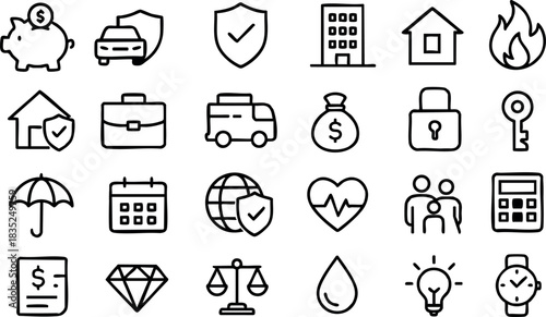 Minimal line icon set close-up top view six by five grid of thirty black outline finance home insurance icons with rounded strokes and flat clean lighting