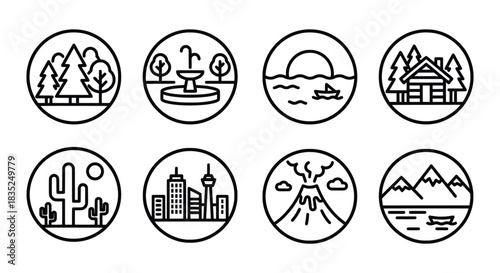 Collection of Line Art Landscape Icons in Circular Frames.