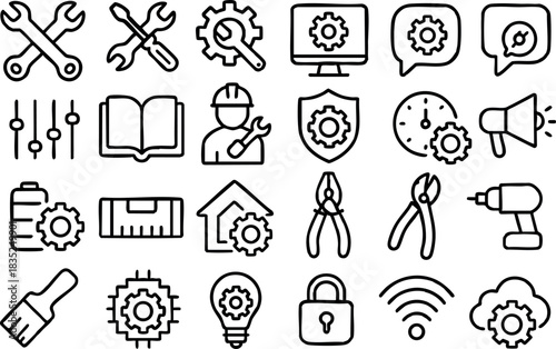 Line art thin stroke tool and gear icon set showing crossed wrenches top left center shield pliers and drill arranged in monochrome square grid