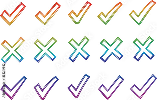 Rainbow Gradient Check Marks & Crosses Icons Set Isolated on Transparent Background