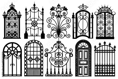 Decorative Iron Gates Set. Ornamental Wrought Gate and Door Designs