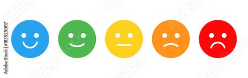Expression rating icon. Colorful smile, neutral and sad face reactions for feedback and mood assessment vector. Clear expression options for surveys and UI evaluation sign. Simple emotion concept