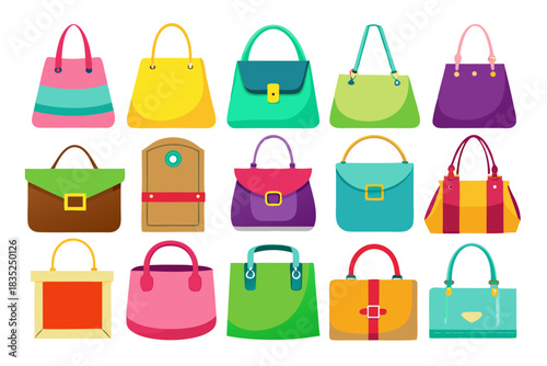 Colorful Handbags Set. Fashion Women’s Purse and Tote Bag Collection Vector Illustration