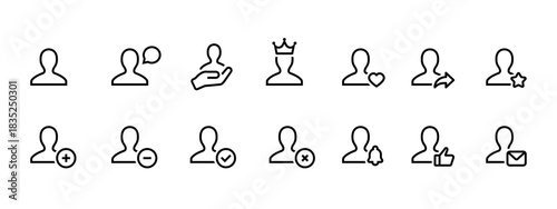 User icon set. Clean profile symbol with actions like add, remove, follow and message vector. Simple avatar sign for social accounts and contacts. Modern interface pictogram for communication concept.