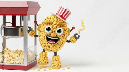 Popcorn Character Wearing Party Hat near Popcorn Machine on White Background