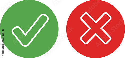 Right Green Check Mark and Wrong Red Cross Mark With White Stroke on White Background