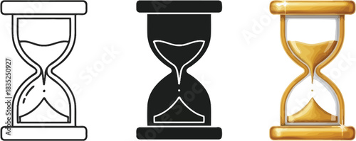 Sandglass Time Icon Set Outline Hourglass, Filled Hourglass and Golden Hourglass