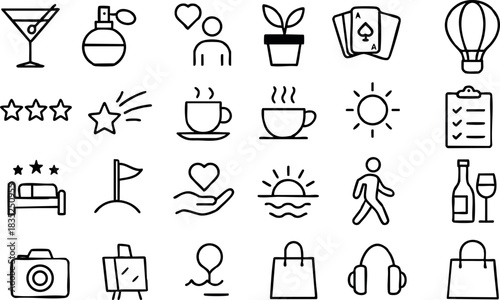Line art vector icon set close up grid showing black outline martini glass perfume bottle coffee cup camera shopping bag headphones balloon sun clipboard bed walking