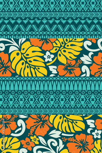 Ethnic motifs and tropical flowers vector seamless pattern for fabric summer wear cloth rug carpet pillow tablecloth beach towel swimsuit pareo