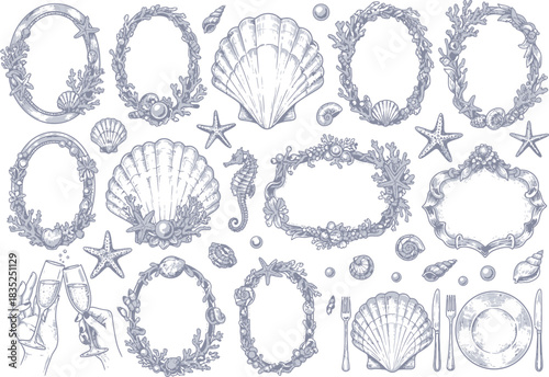 Seashells and Coral Collection with Seahorse and Toasting Glasses on White