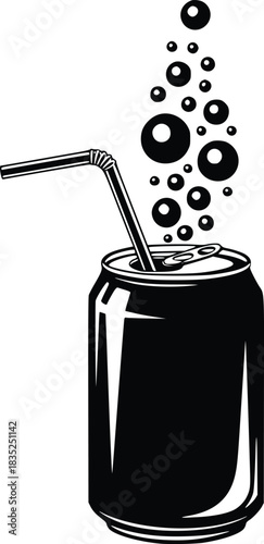 Black and White Vector Icon of Soda Can with Straw and Bubbles Representing Carbonated Beverage and Refreshment
