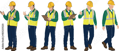Construction workers in safety gear performing various job site actions, illustrated in vector style for industrial, educational, and design use.