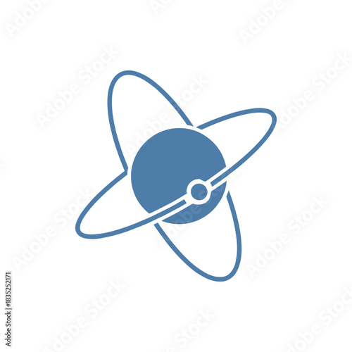 Stylized atom icon with orbiting electrons in blue hue.