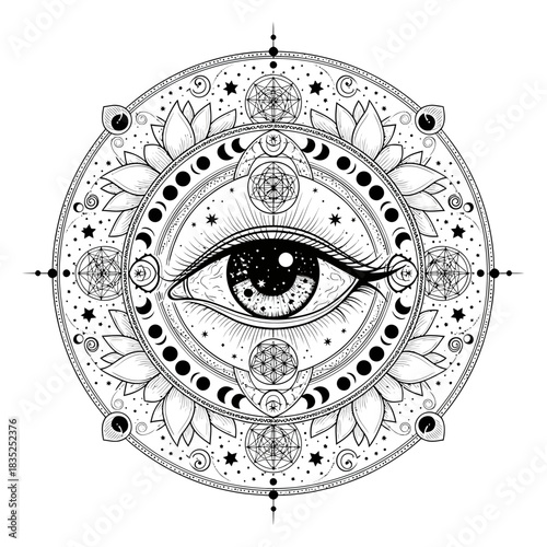 Intricate mystical eye mandala illustration with sacred geometry and cosmic symbols for spiritual awakening and divine wisdom, representing inner vision and enlightenment