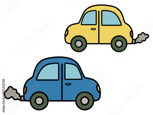 Two cars, one blue and one yellow, emitting smoke from tailpipes on a white background. Air pollution and environmental issue concept.
