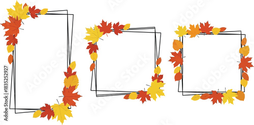 Three Square Frames with Colorful Autumn Leaves on White Background