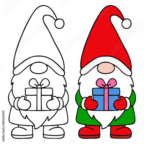 Dibujo sencillo con líneas de gnomo de Santa Claus con caja de regalo para tarjetas y felicitaciones de Navidad