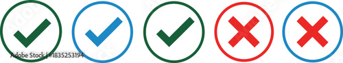 Tick Cross Icon Set Green Blue and Red Approval and Rejection Round Design on White