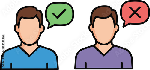 Two Persons with Confirm & Reject Message Bubbles on White Background