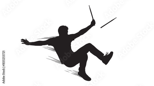 Dynamic silhouette of a drummer mid-performance, lost in the music with incredible energy, perfect for music blogs, concert promotions, or artistic expression projects