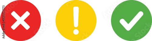 Validation Symbols X Mark, Exclamation Point, Check Mark on White Background