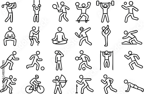 Minimalist line icon set close up showing twenty four athletic pictograms in grid cyclist archer weightlifter basketball dribbler soccer kicker yoga pose push up running dynamic