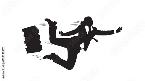 Dynamic businesswoman kicking away stack of paperwork in powerful silhouette, symbolizing freedom from bureaucracy and embracing innovation with high energy and determination