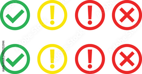 Validation Symbols Green Checkmark, Yellow Warning, Red Exclamation and Cross Marks