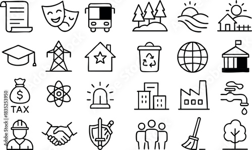 Monoline civic icon grid close up showing twenty four black outline service symbols including bus recycle bin tax bag water faucet handshake shield masks factory globe