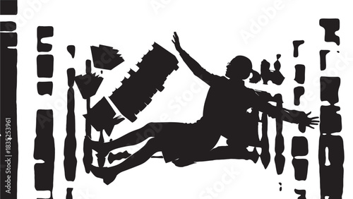 Dynamic silhouette of a person falling amidst abstract shapes, conveying chaos and uncertainty, ideal for illustrating business setbacks, financial crises, or personal struggles