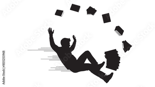 Overwhelmed by deadlines, a man falls amidst flying papers and notebooks, capturing the chaotic reality of work stress and the humorous side of office life, perfect for relatable content