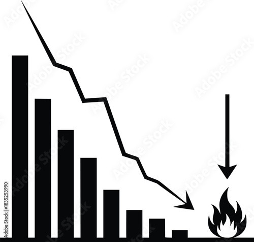 Black and White Vector Icon of Collapsing Bar Graph with Flame Representing Financial Crisis and Performance Failure
