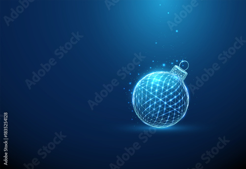 Futuristic Christmas ornament lying on its side. Low poly geometric structure, glowing wireframe connections, abstract modern holiday concept.