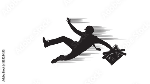 Dynamic silhouette of construction worker falling with blueprints for safety awareness campaigns, illustrating accident prevention and workplace hazards in construction