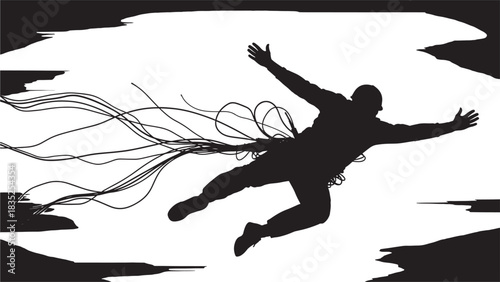 Experience the thrill of skydiving with this striking silhouette, perfect for extreme sports enthusiasts and adventure lifestyle brands seeking dynamic visuals for marketing campaigns