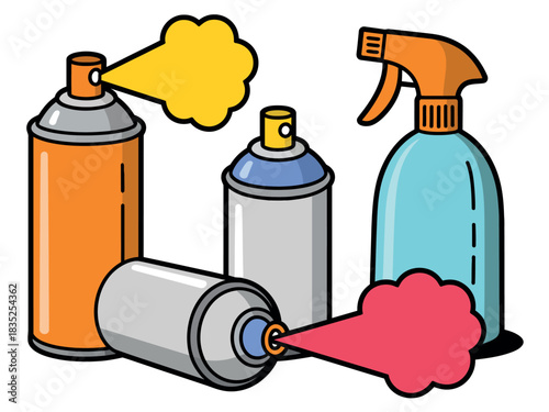 A group of assorted spray cans and a trigger spray bottle are depicted, some of which are actively dispensing colorful sprays.