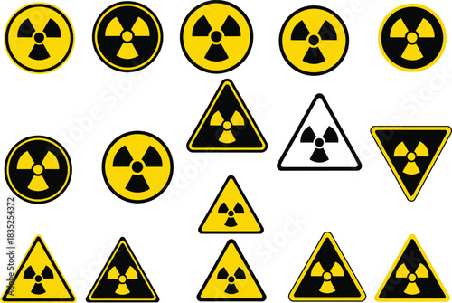 Warning Radiation Signs Circle Triangle Symbols Isolated on White Background