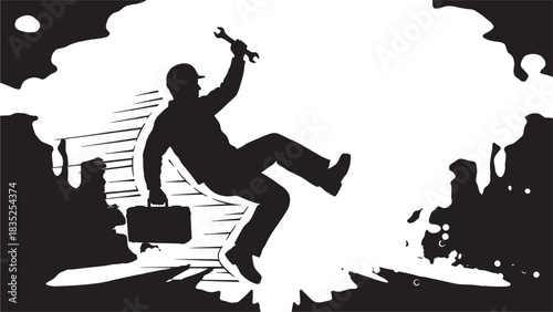 Craftsman in silhouette falling backwards with wrench and briefcase creates dynamic action shot, perfect for construction safety campaign or industrial accident prevention awareness