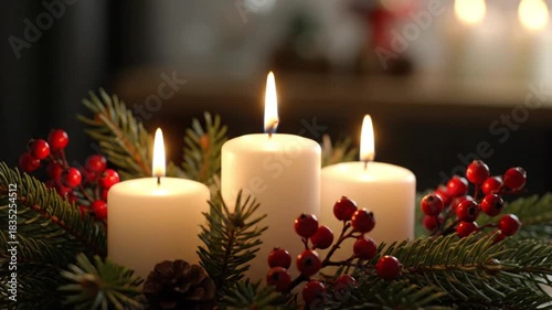 Three white candles burning brightly with festive winter greenery and red berries