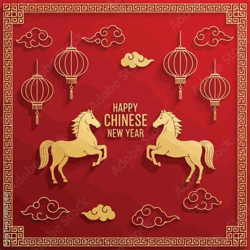 Golden Horses and Lanterns Celebrate Chinese New Year with Traditional Decorations