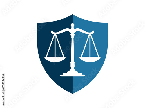 A stylized shield with the scales of justice symbolizes law and legal representation.