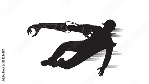 Bold silhouette of futuristic engineer with robotic arm moving dynamically forward, hinting at technology innovation and advanced development for future industrial solutions