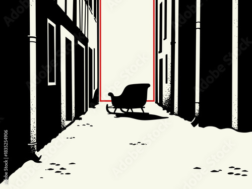 Sleigh standing on snowy street between buildings in winter setting  