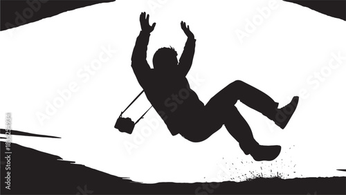 Dramatic silhouette of a falling man with camera, depicting accident, failure, or risk concept, use for safety awareness campaigns or illustrating unexpected events, black and white graphic