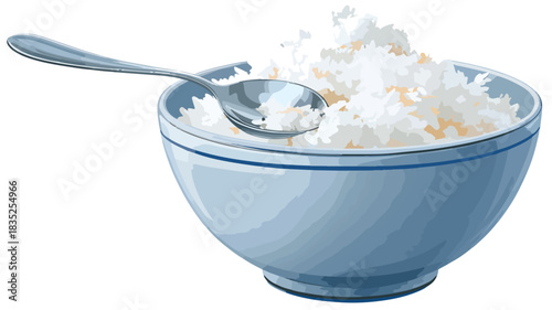 Bowl of Rice with Spoon - Vector Outline Illustration