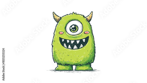 Energetic Green Monster Cartoon Character with Hand-Drawn Face