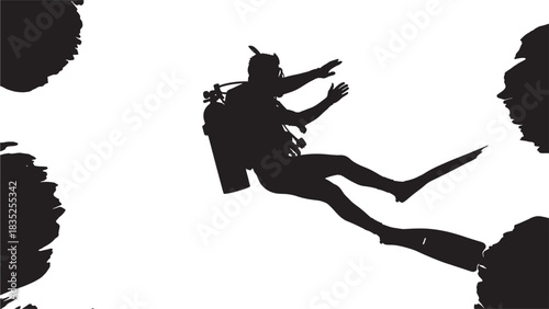 Dramatic silhouette of a scuba diver exploring underwater caves, perfect for adventure travel promotions or marine conservation campaigns, capturing the thrill of ocean exploration